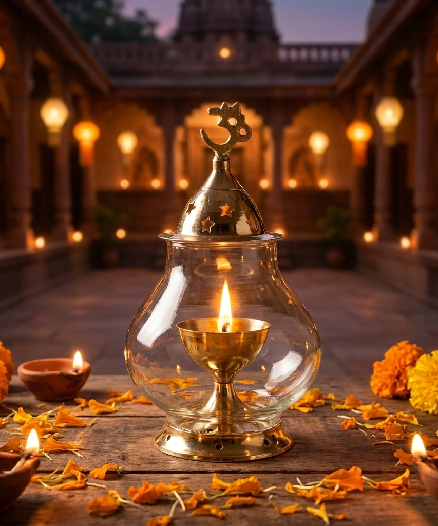 Akhand Diya/Oil Lamp with Glass Cover Brass