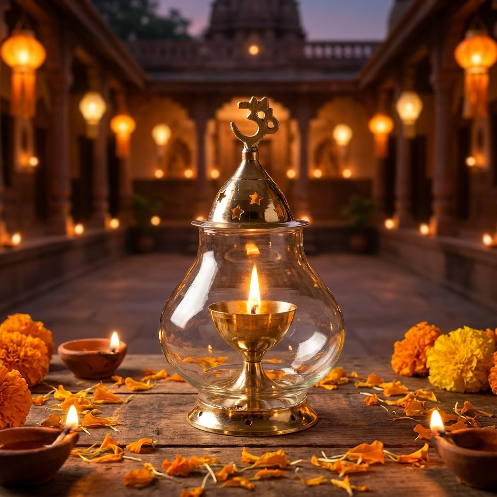 Akhand Diya/Oil Lamp with Glass Cover Brass