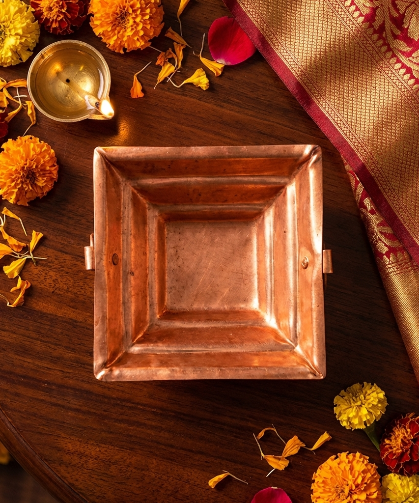 Pure Copper Havan Kund with Handle | Agnihotra Yagna Kund (17 × 17 × 7 cm, 250g)