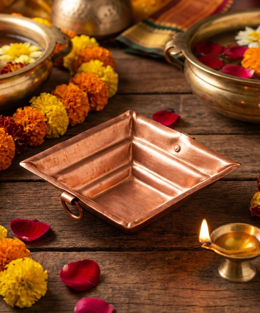 Pure Copper Havan Kund with Handle | Agnihotra Yagna Kund (17 × 17 × 7 cm, 250g)