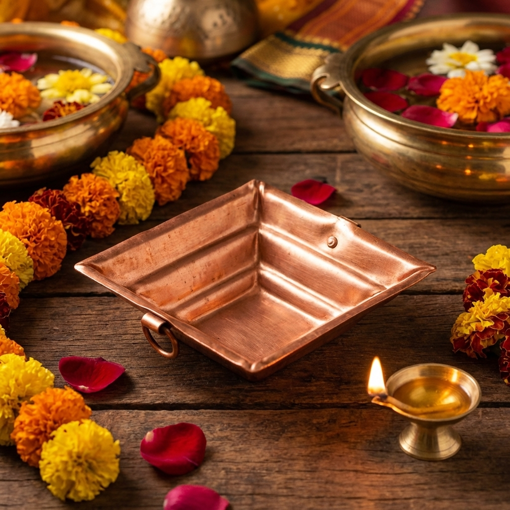 Pure Copper Havan Kund with Handle | Agnihotra Yagna Kund (17 × 17 × 7 cm, 250g)