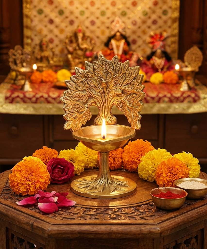 Brass Kalpavriksha Tree with Diya,Karpaga Viruksham Tree Vilakku for Home,
