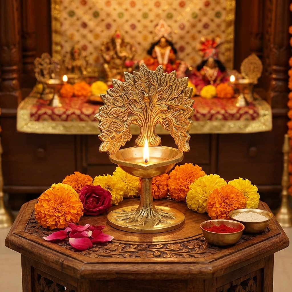 Brass Kalpavriksha Tree with Diya,Karpaga Viruksham Tree Vilakku for Home,