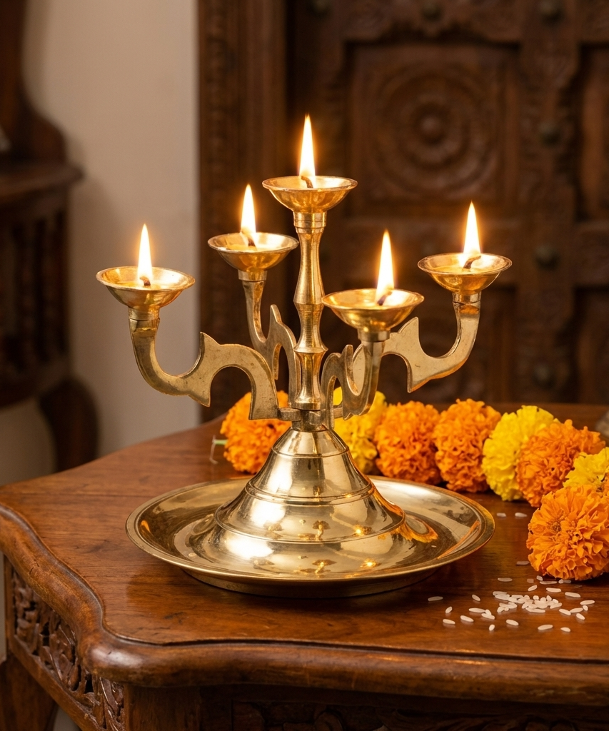Brass Pancha Aarti Diya for Pooja Room