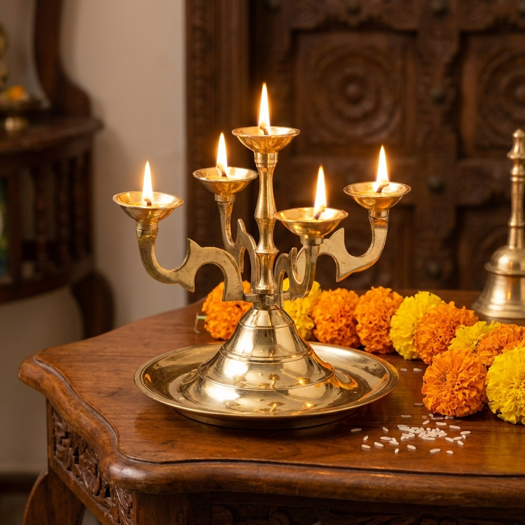 Brass Pancha Aarti Diya for Pooja Room