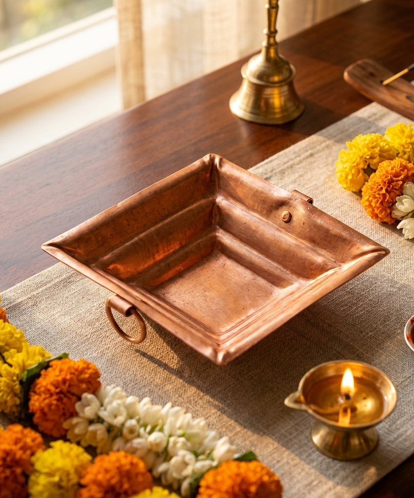 Pure Copper Havan Kund with Handle | Agnihotra Yagna Kund (17 × 17 × 7 cm, 250g)