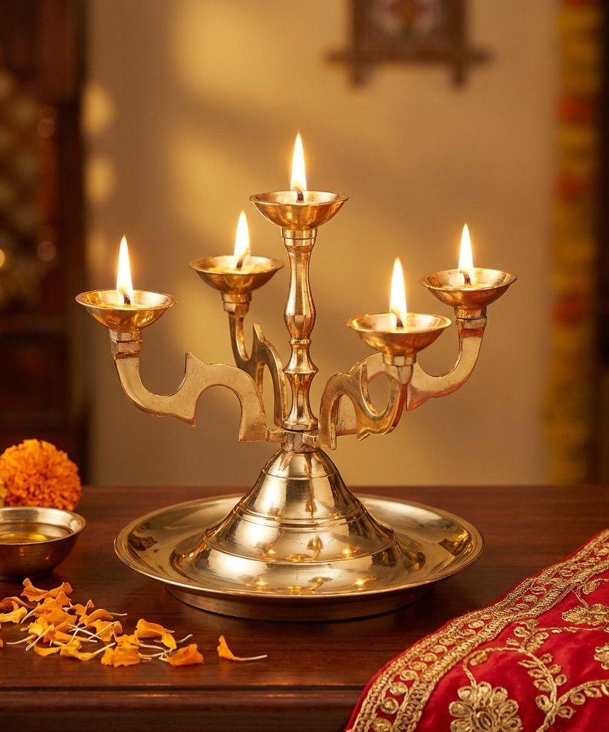 Brass Pancha Aarti Diya for Pooja Room