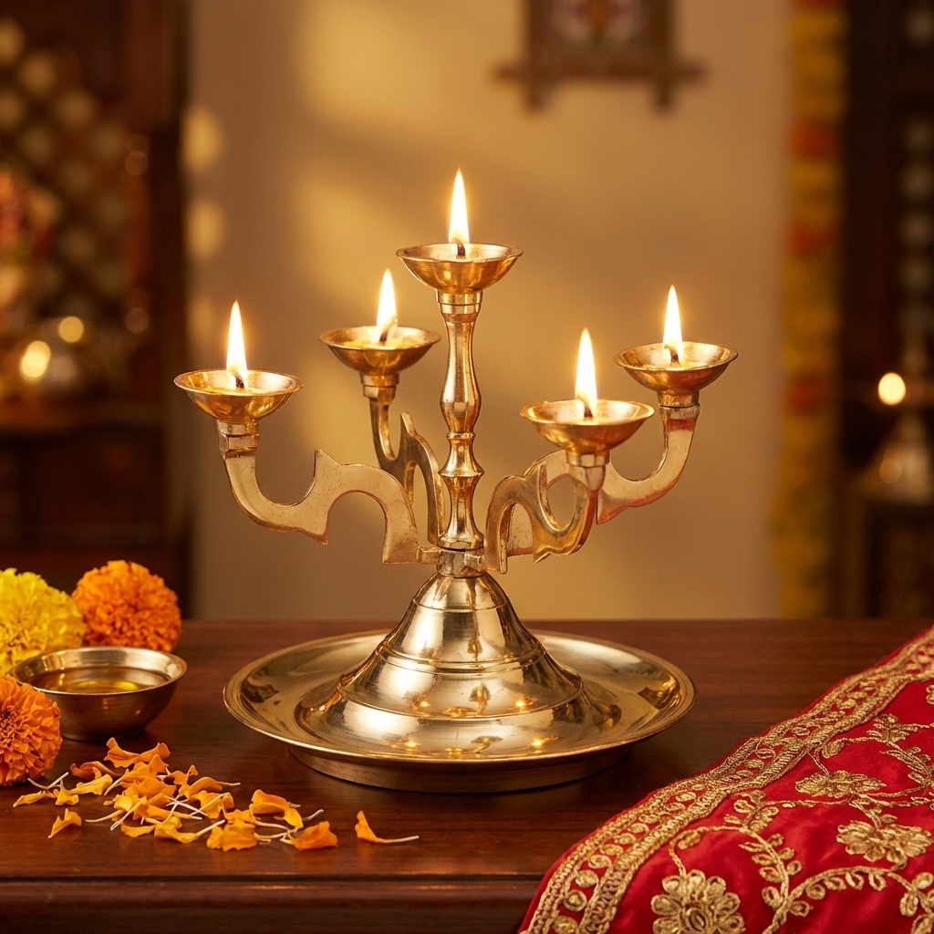 Brass Pancha Aarti Diya for Pooja Room