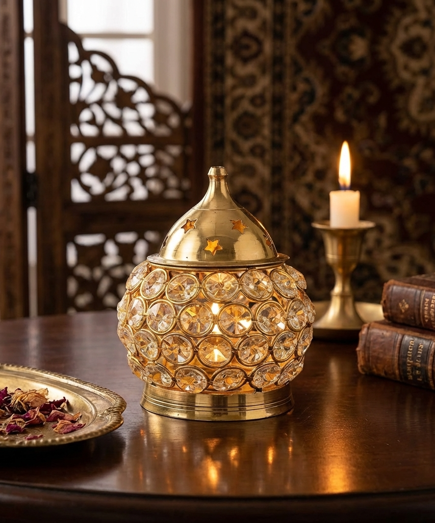 Akhand Diya Decorative Brass Oval Shaped Crystal Oil Lamp