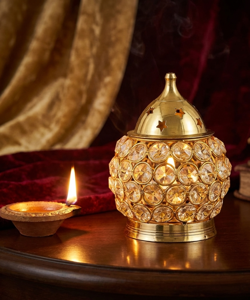 Akhand Diya Decorative Brass Oval Shaped Crystal Oil Lamp