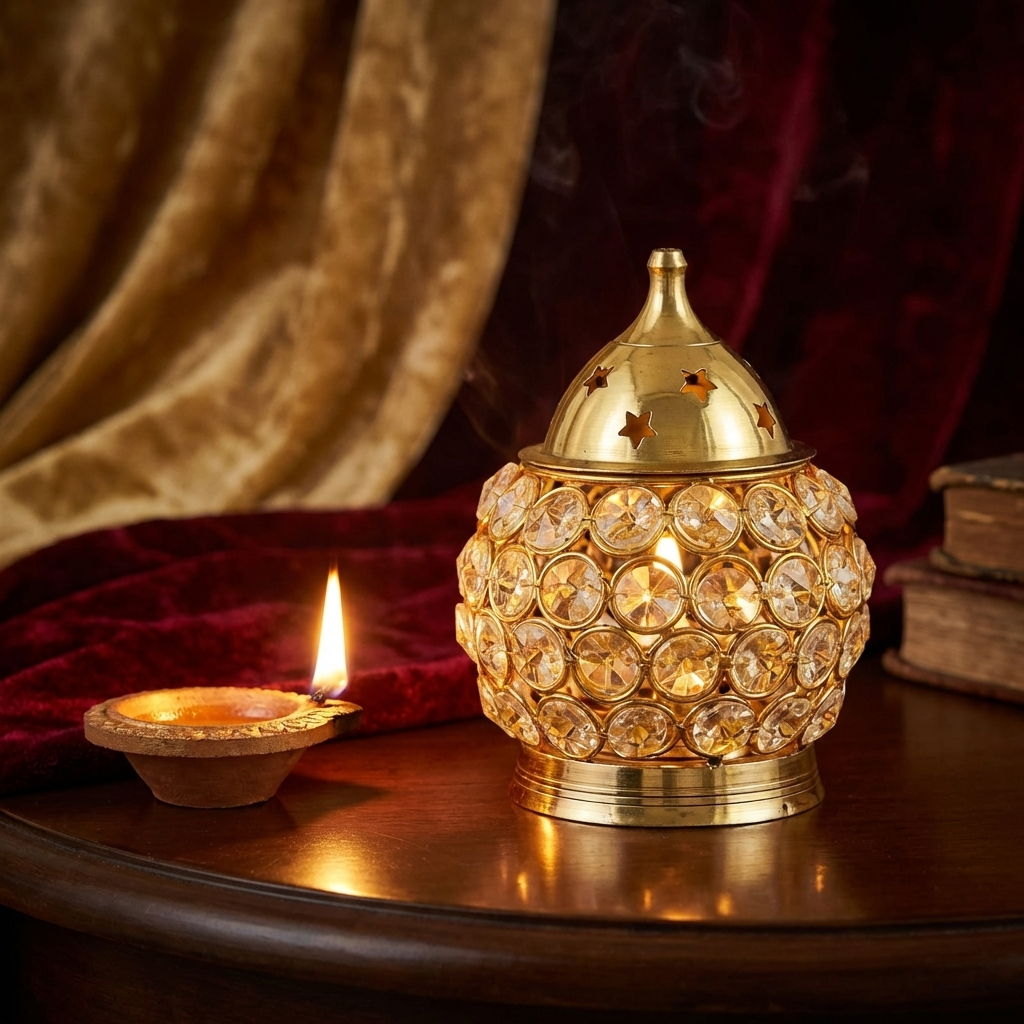 Akhand Diya Decorative Brass Oval Shaped Crystal Oil Lamp