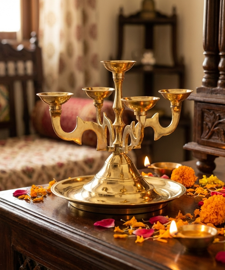 Brass Pancha Aarti Diya for Pooja Room