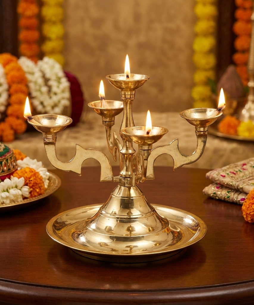 Brass Pancha Aarti Diya for Pooja Room