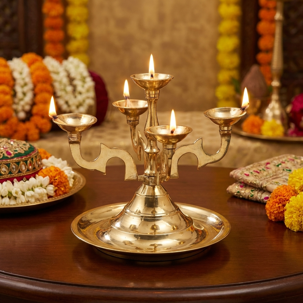 Brass Pancha Aarti Diya for Pooja Room