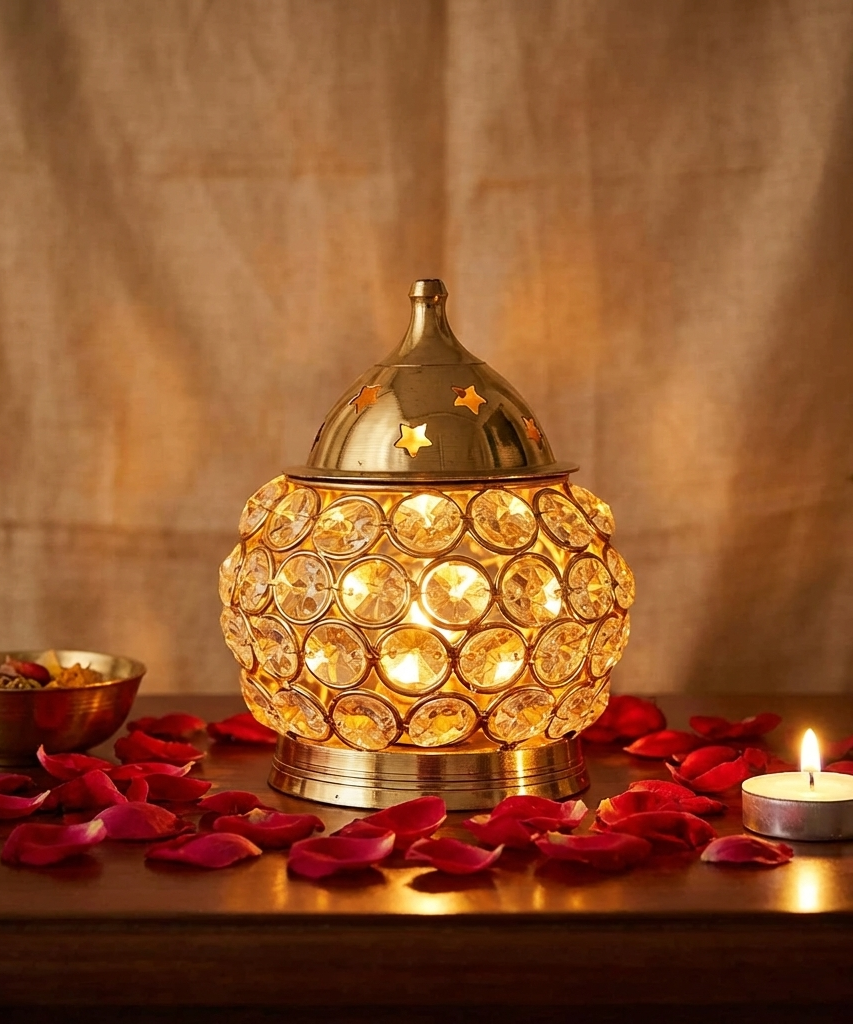 Akhand Diya Decorative Brass Oval Shaped Crystal Oil Lamp