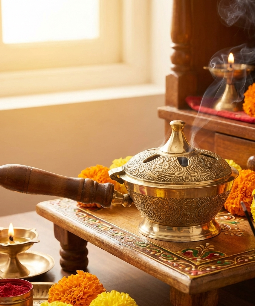Aarti Sambrani Stand &amp; Loban Dhoop Burner Brass with Wooden Holder.