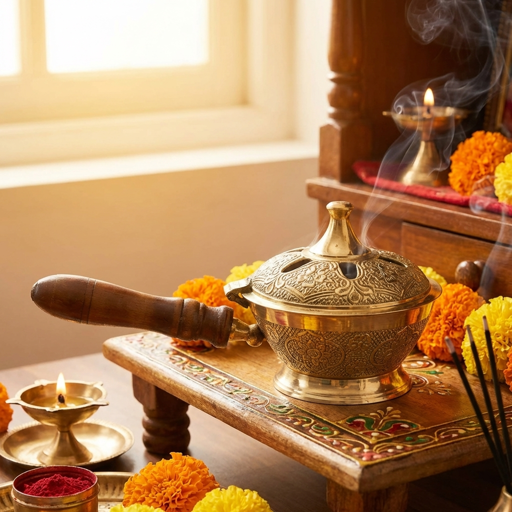 Aarti Sambrani Stand &amp; Loban Dhoop Burner Brass with Wooden Holder.