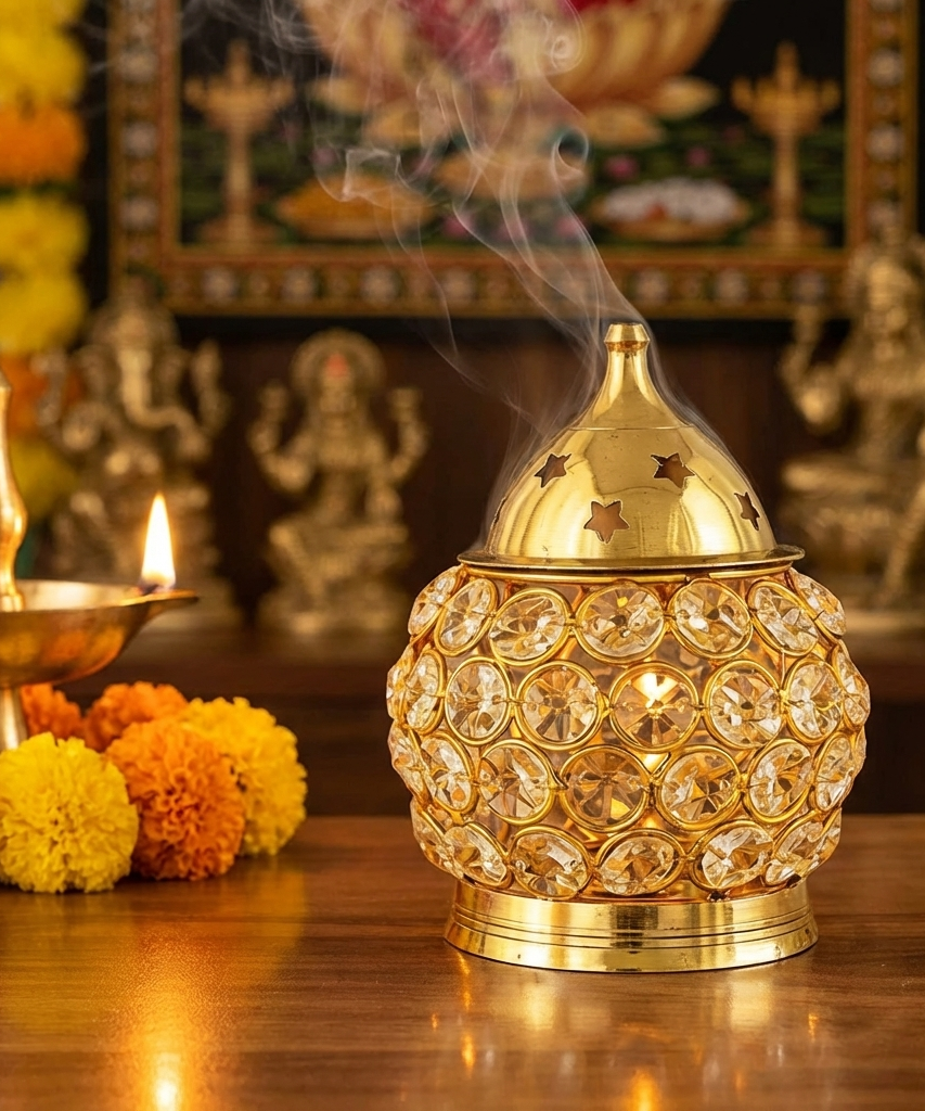 Akhand Diya Decorative Brass Oval Shaped Crystal Oil Lamp