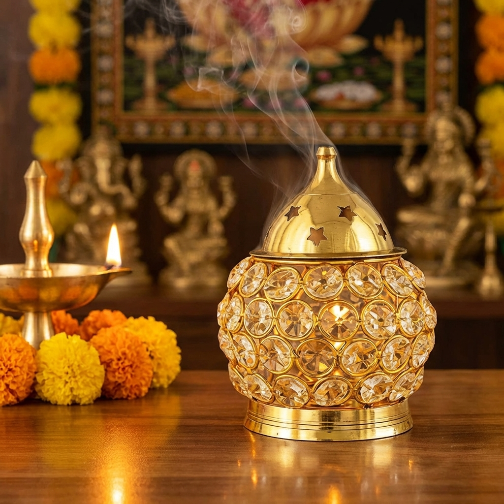 Akhand Diya Decorative Brass Oval Shaped Crystal Oil Lamp