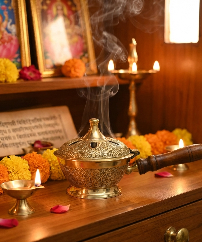 Aarti Sambrani Stand &amp; Loban Dhoop Burner Brass with Wooden Holder.