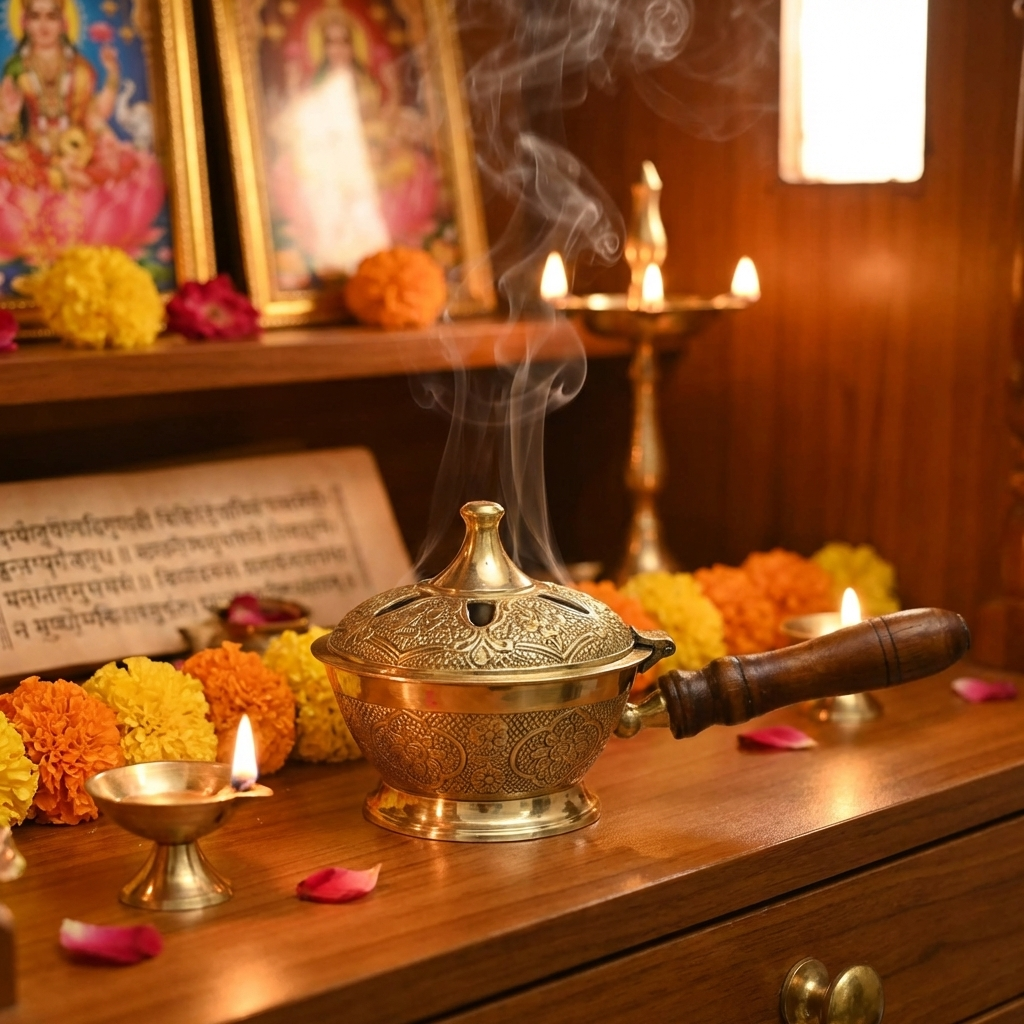 Aarti Sambrani Stand &amp; Loban Dhoop Burner Brass with Wooden Holder.