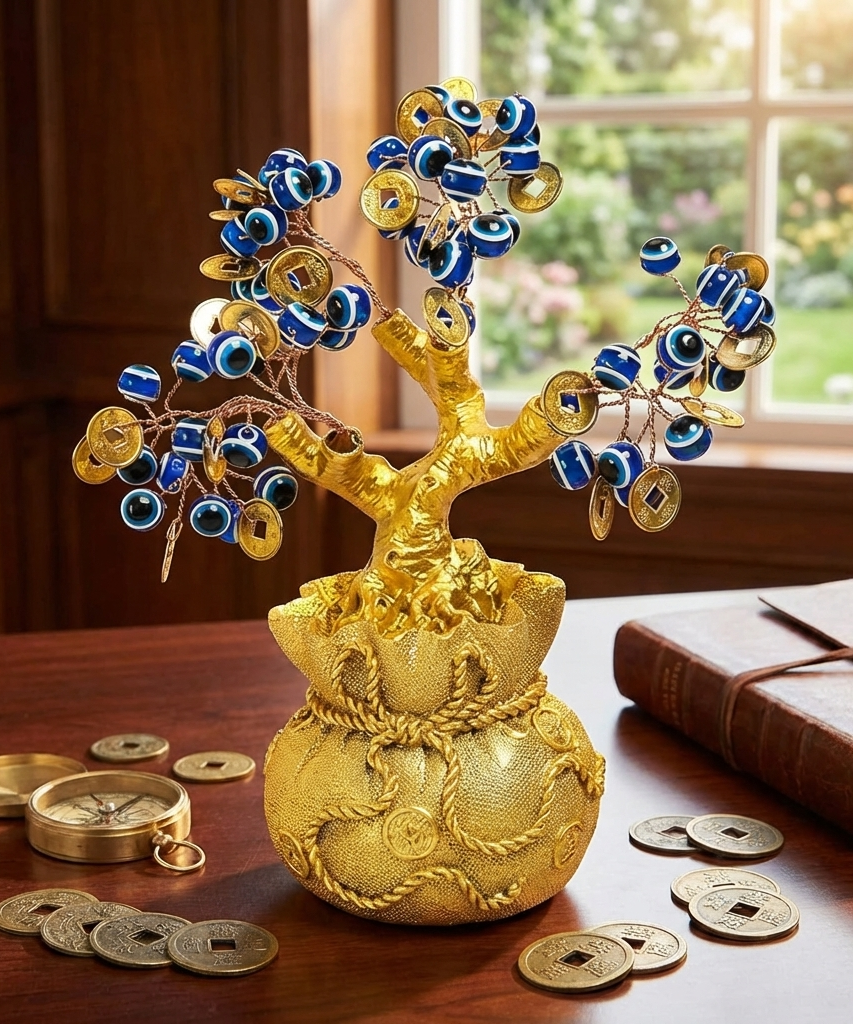 Feng Shui Evil Eye Money Tree for Home Decor – Spiritual Good Luck & Protection Tree ( Lenth-6cm,width-6cm,Height-15cm )