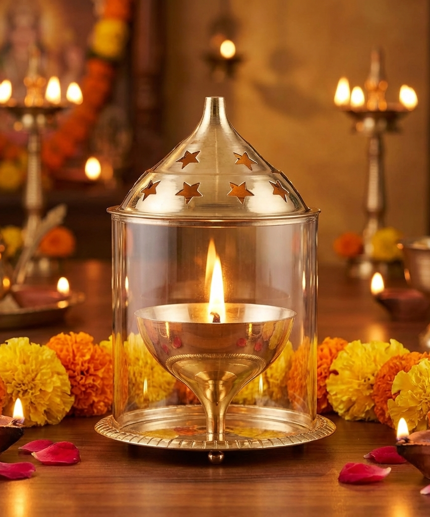 Brass Akhand Diya with Glass Cover