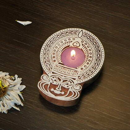 Kathakali Face Wooden Block T-Light Candle Holder