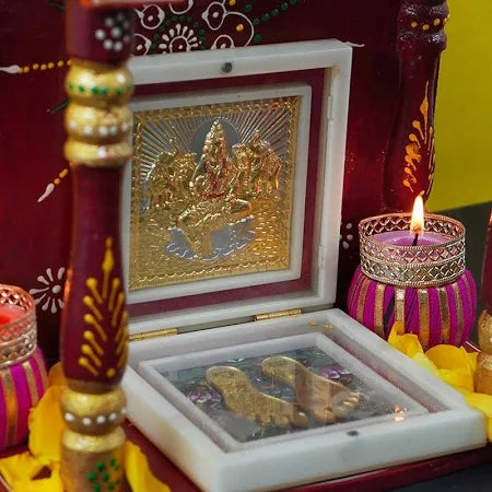 Gold Plated Lakshmi Photo Frame with Shubh Labh Charan Paduka Decorative Showpiece