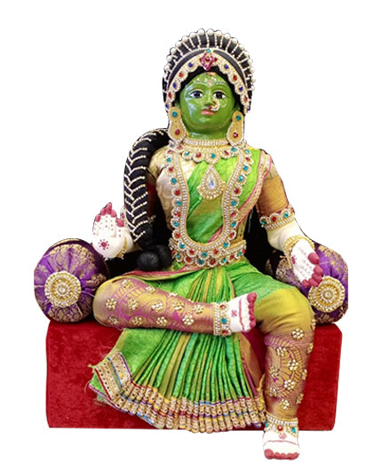 Varamahalakshmi Idol With Ornaments in Green and Yellow saree