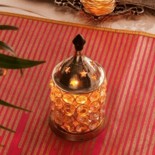 Brass Crystal Akhand Diya with Cover