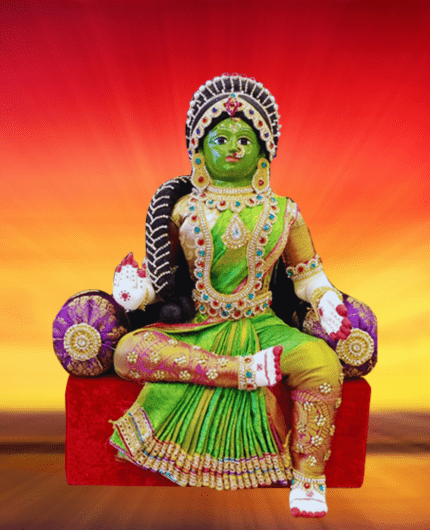 Varamahalakshmi Idol With Ornaments in Green and Yellow saree