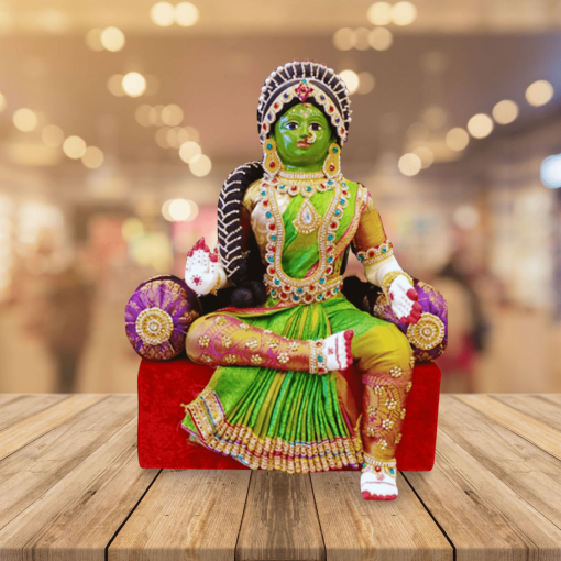 Varamahalakshmi Idol With Ornaments in Green and Yellow saree