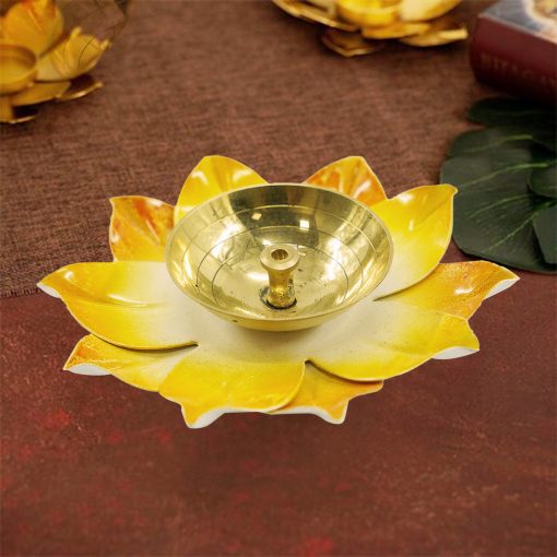 Brass Lotus Flower Diya Lamp In Yellow