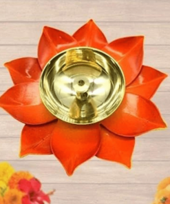 Brass Lotus Flower Diya Lamp In Orange- Puja N Pujari