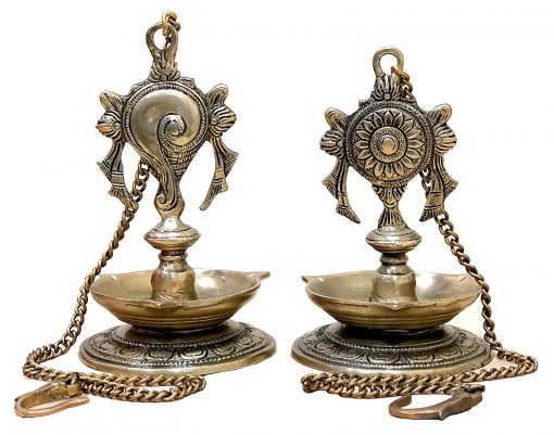 Shankh Chakra Diya ,Wall Hanging Oil Lamp Diya Deepam Deepak Kuthu Vilakku ( with Chain 23 inches ) - Image 2