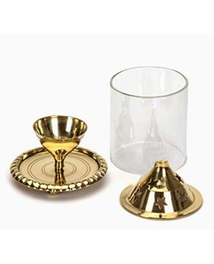Gold Brass Akhand Diya with Glass Cover/ Diwali Oil Lamp