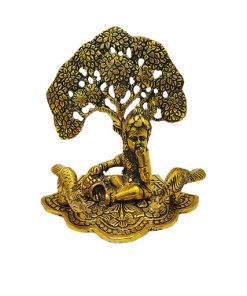 Metal Krishna Antique Golden Sitting Under Tree