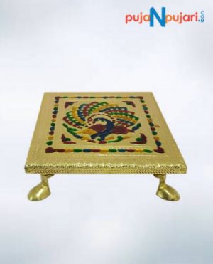Peacock Design with Gold Plated Wooden Pooja Chowki
