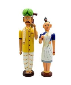 Wooden Village Farmer Couple Showpiece