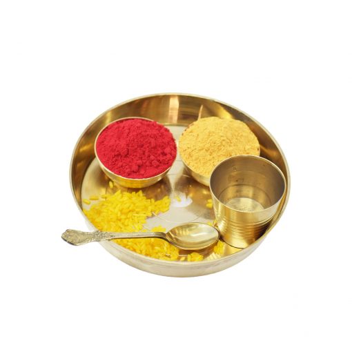 Brass Laddu Gopal Bhog Thali Set with 2 Katori, 1 Glass, 1 Spoon for Temple Home Décor Brass (5 Pieces, Gold).