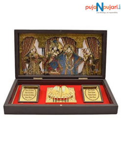 Gold Plated Radha Krishna Photo Frame with Charan Paduka