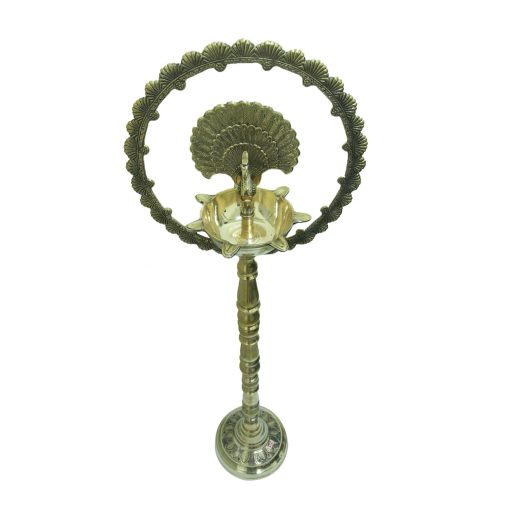 Brass Peacock Diya with Crown 3.5 feet height Kerala Samai ,Engraved Inauguration Kuthu Vilakku. - Image 2