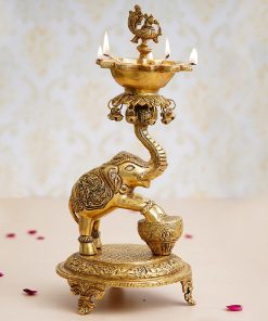 BRASS PEACOCK DIYA ON DANCING ELEPHANT