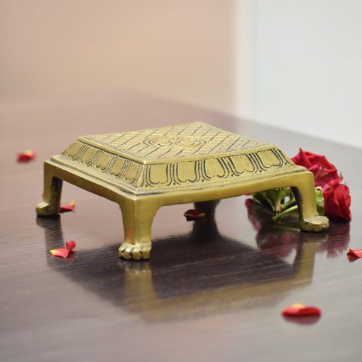 Brass Square Pooja Chowki with Lotus Design