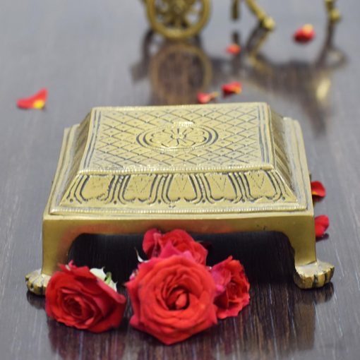 pujaNpujari Brass Square Pooja Chowki with Lotus Design