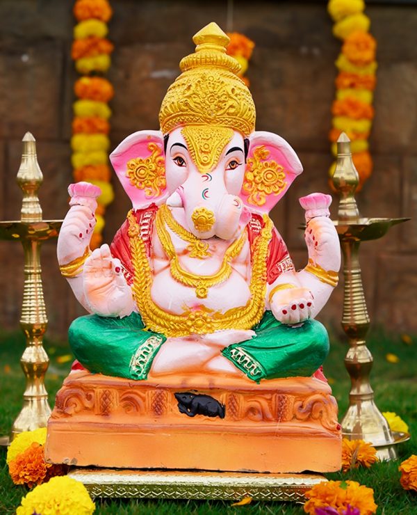 Extra Big Clay Ganesha with Decoration -1.5 Feet | Puja N Pujari