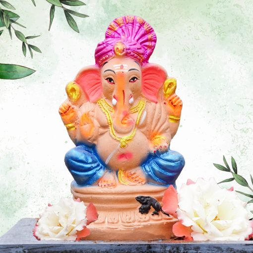 Eco Friendly Ganesha in Pink Pagadi- 8 Inch - Image 3