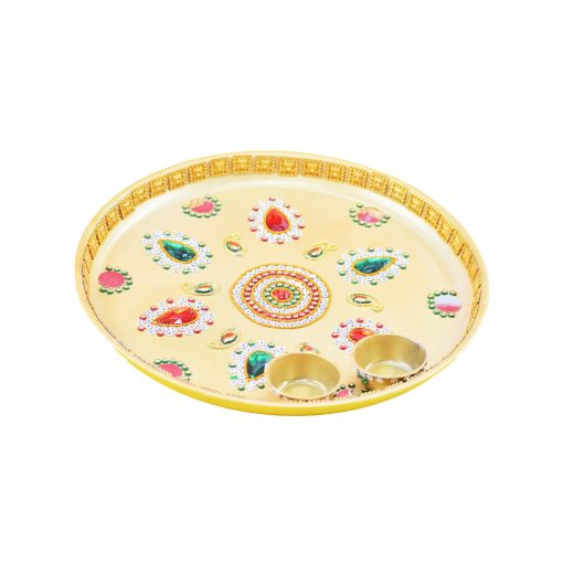 Beautiful Kundan Fancy Pooja Plate, Metal Colorful Pooja Thali Set. - Image 3