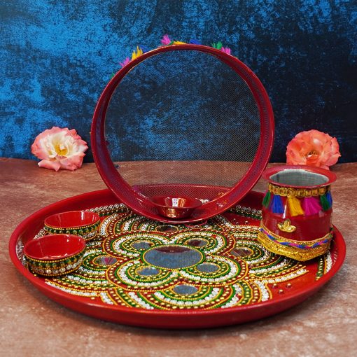 Karwa Chauth Pooja thali/Kalash, Chalni for Chand Pooja , Kalash, Diya, and Bowls | Trafitional Pooja Thali.